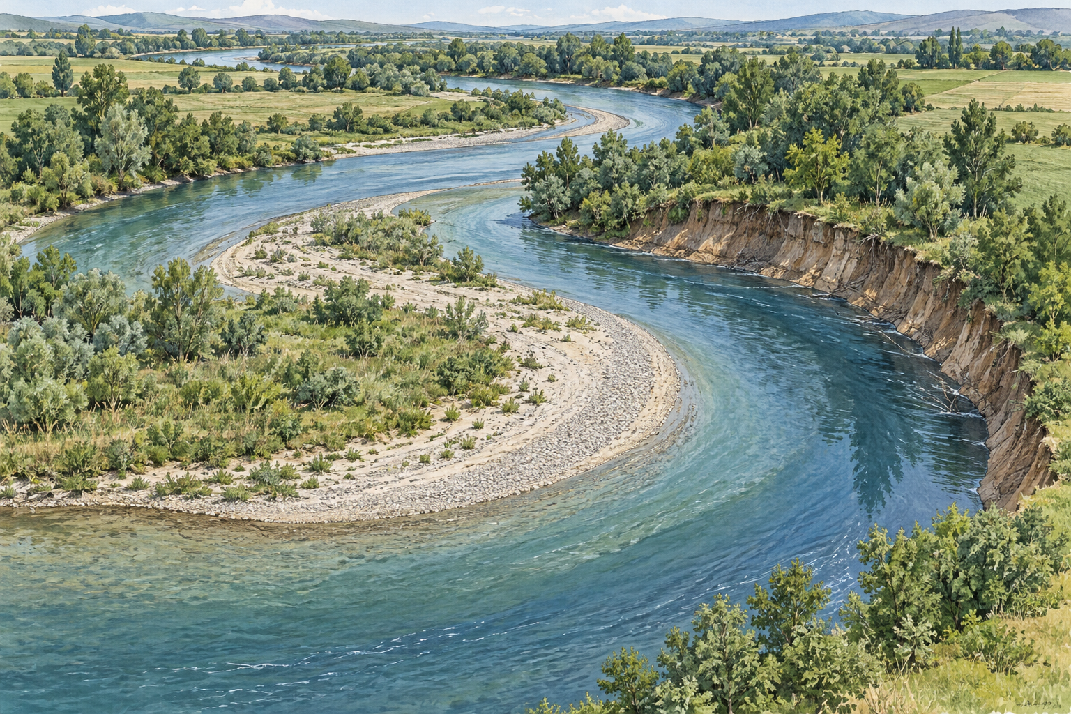 Un fiume forma una curva; sulla riva interna compare una barra di sedimenti e su quella esterna una scarpata.