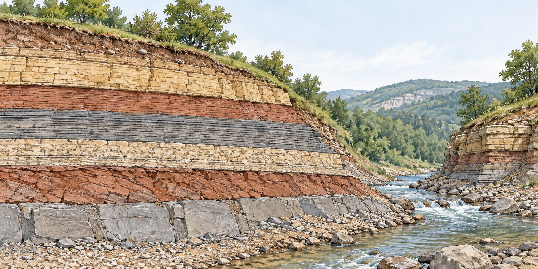 Affioramento di strati rocciosi accanto a un corso d'acqua.