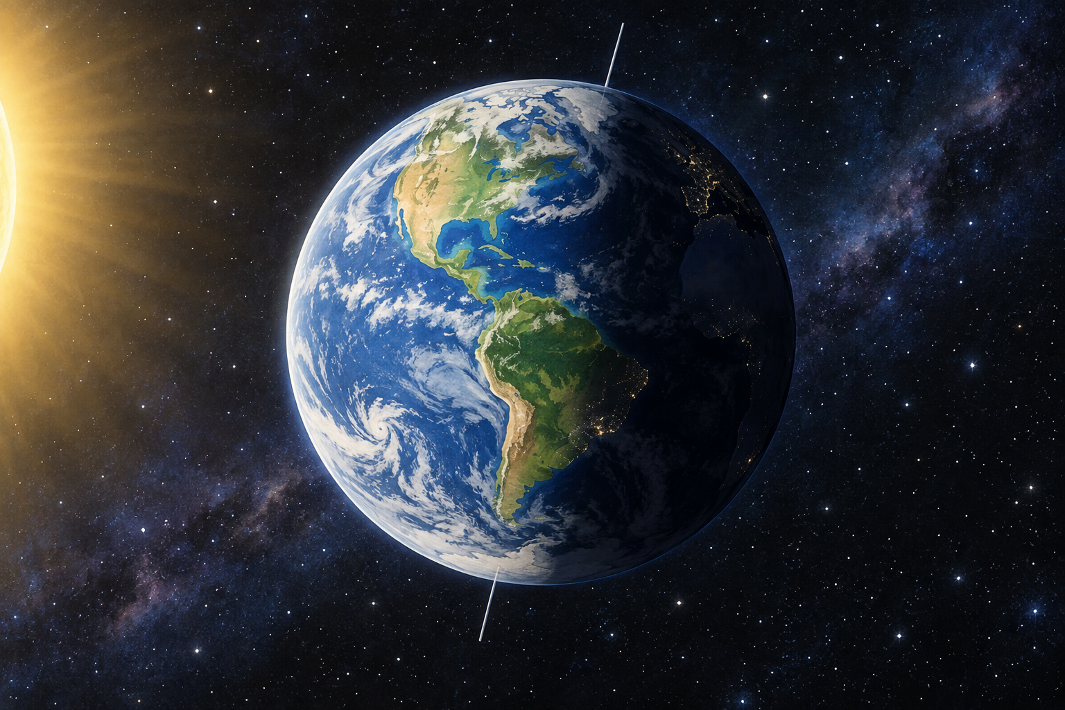 La Terra nello spazio ha una parte illuminata dal Sole a sinistra e una parte in ombra; l'asse è inclinato.