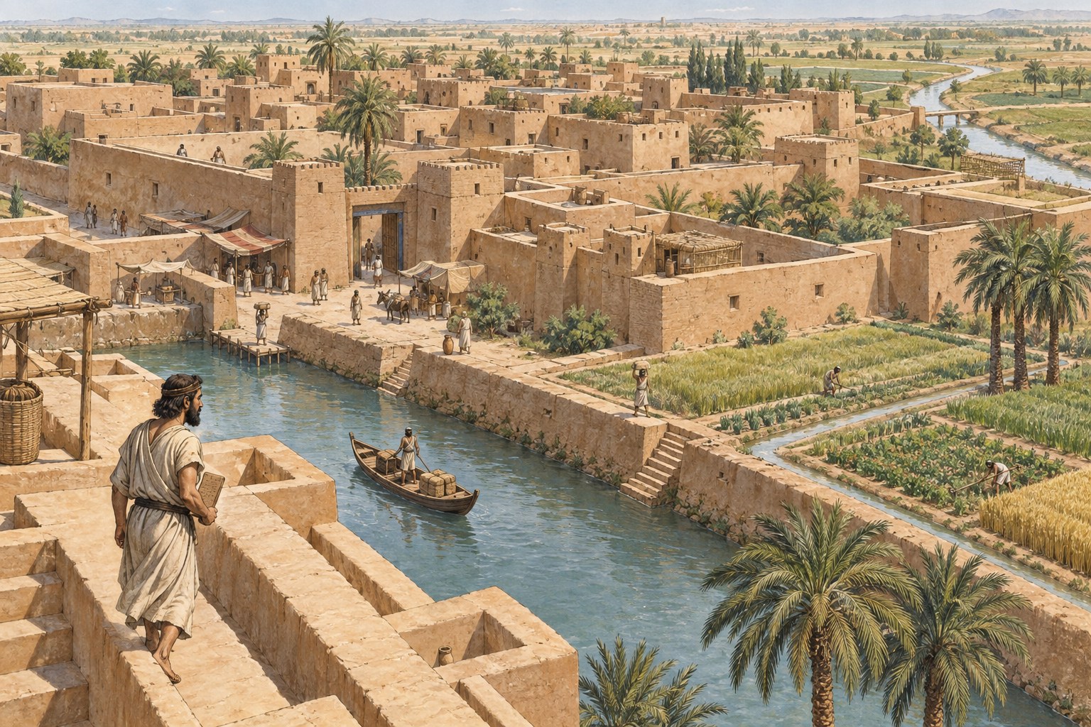 Ricostruzione illustrativa di una città in mattoni crudi accanto a un canale e campi irrigati.