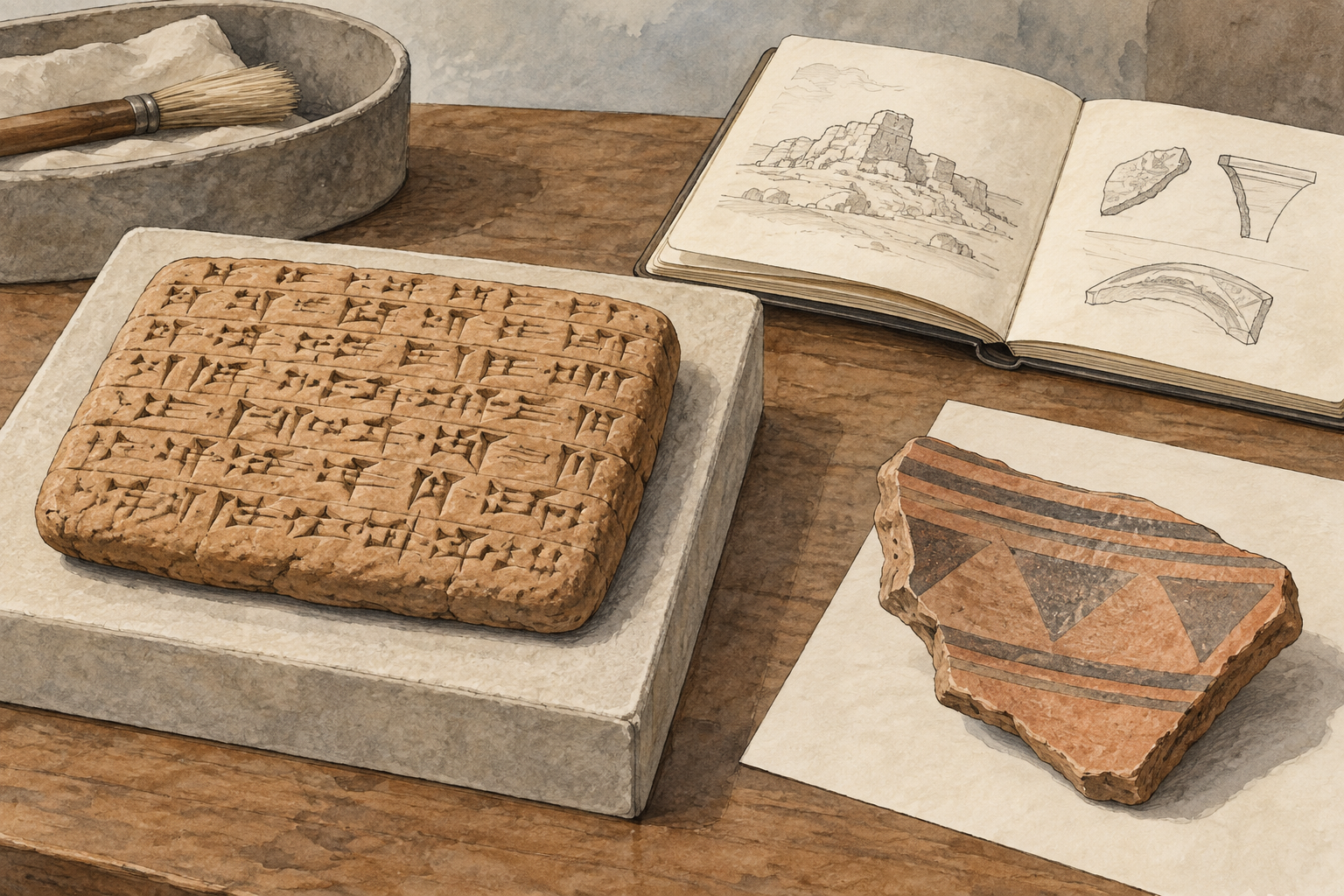 Su un tavolo sono separati una tavoletta con segni non leggibili, un frammento ceramico e un taccuino di campo.