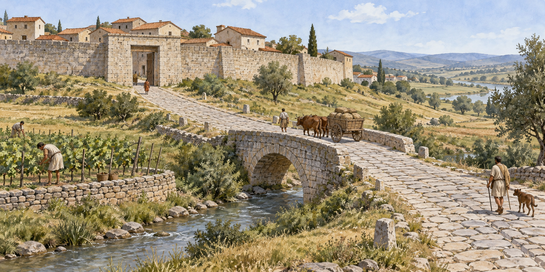 Ricostruzione immaginaria di strada, ponte e insediamento d'aspetto romano.