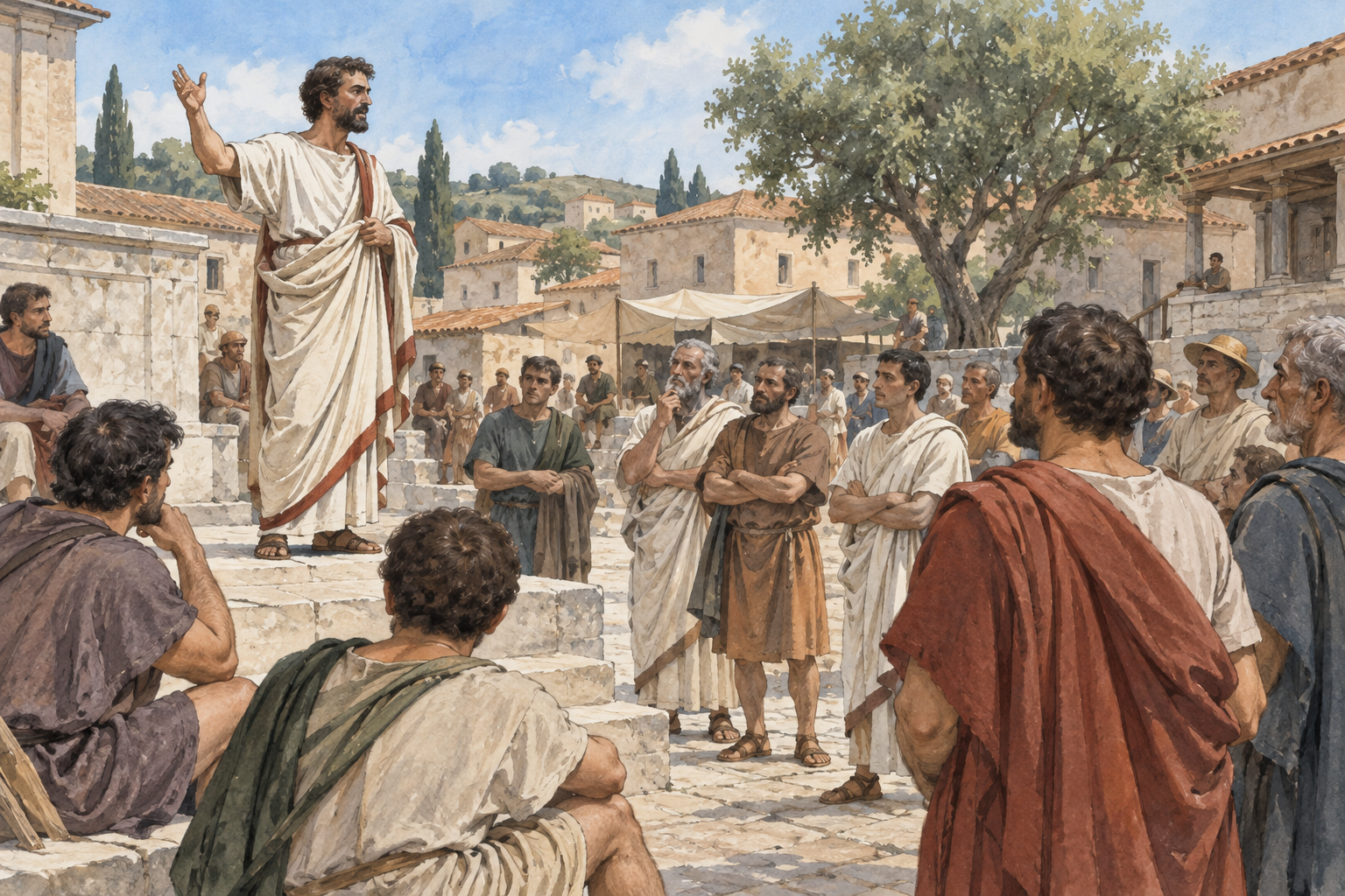 Ricostruzione generica di un incontro pubblico nella Roma antica.