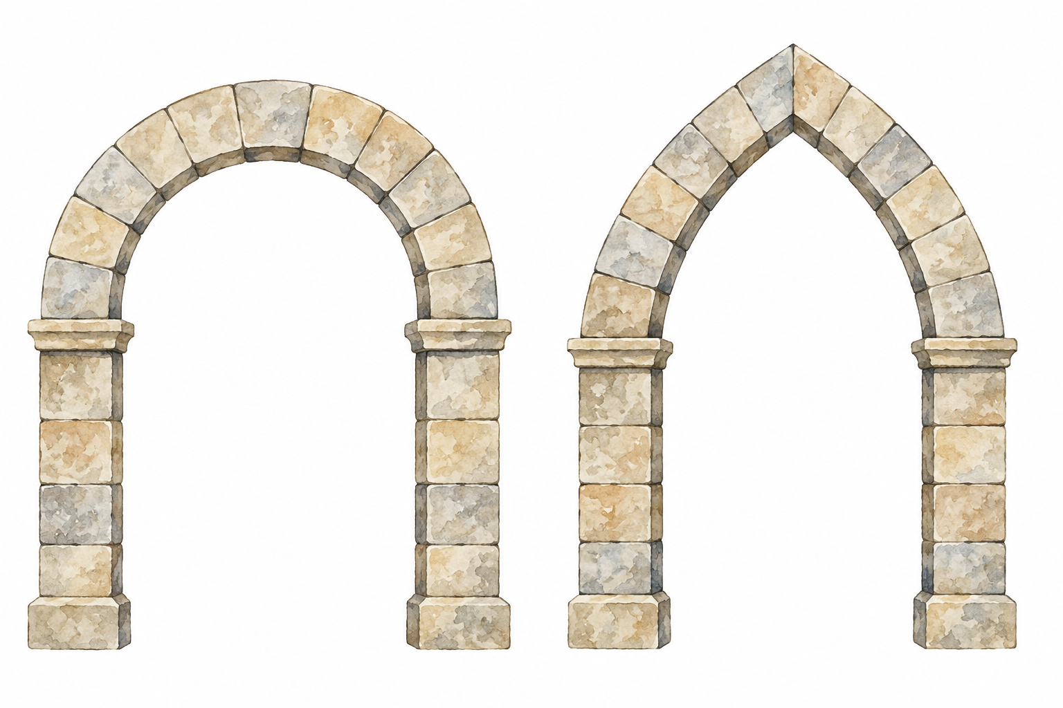 Due aperture di pietra inventate affiancate: a sinistra arco arrotondato a tutto sesto, a destra arco a punta.