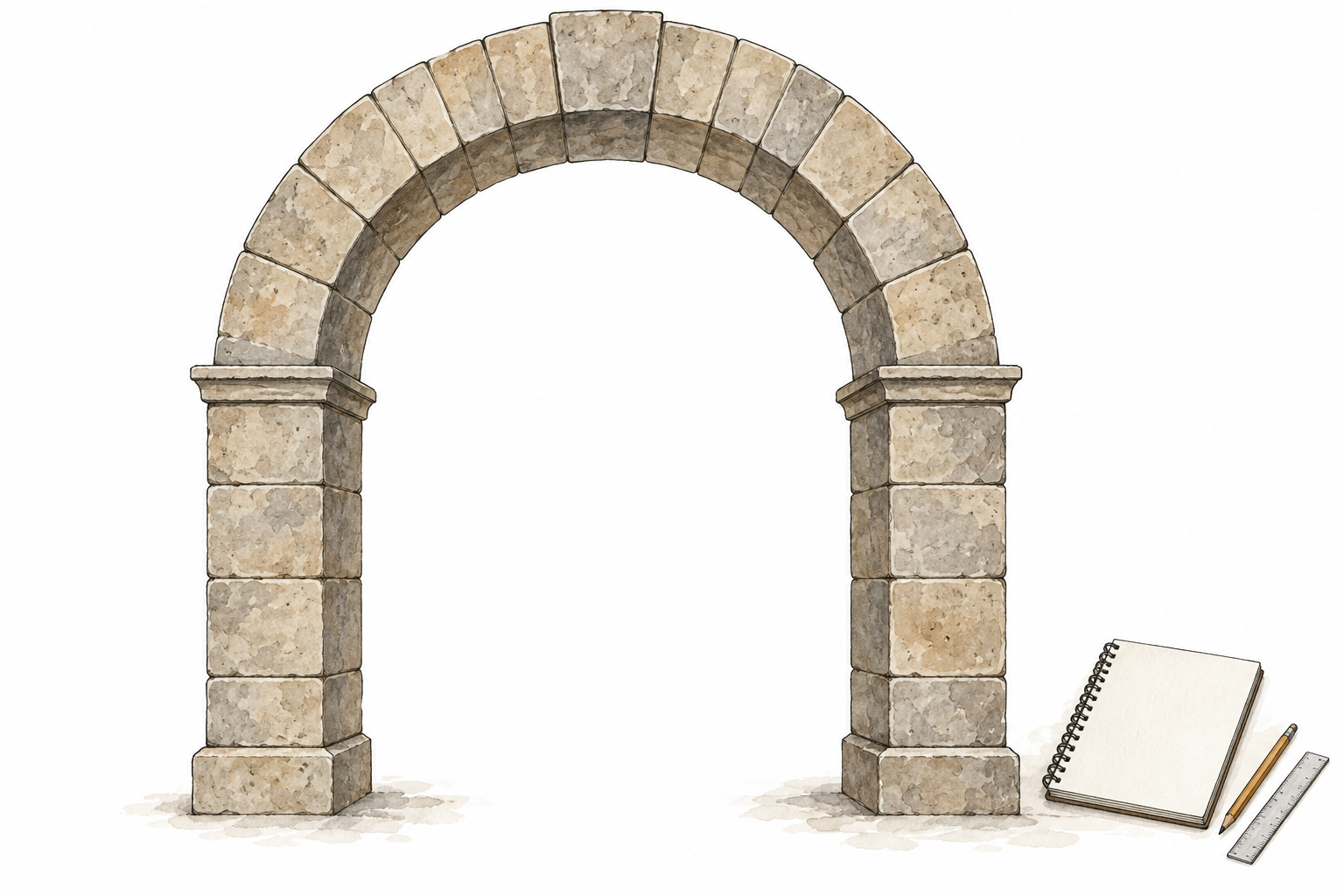 Arco in pietra inventato con apertura arrotondata su due sostegni, accanto a un quaderno vuoto e strumenti da disegno.