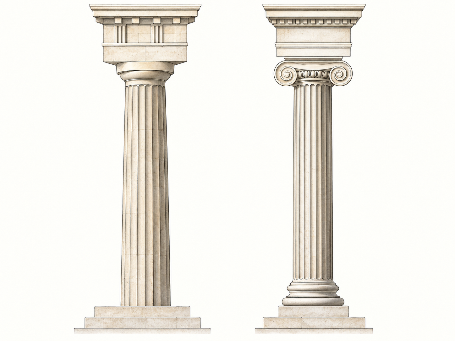 Due colonne greche schematiche: a sinistra capitello dorico semplice; a destra capitello ionico a volute e base modanata.