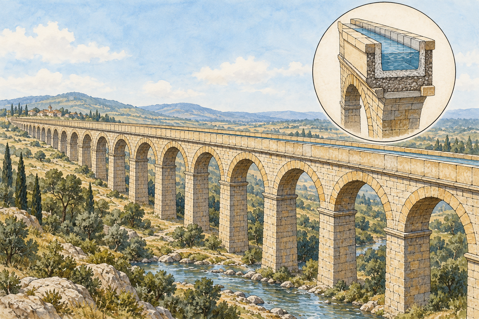 Acquedotto schematico con canale visibile sopra una sequenza di archi in muratura.