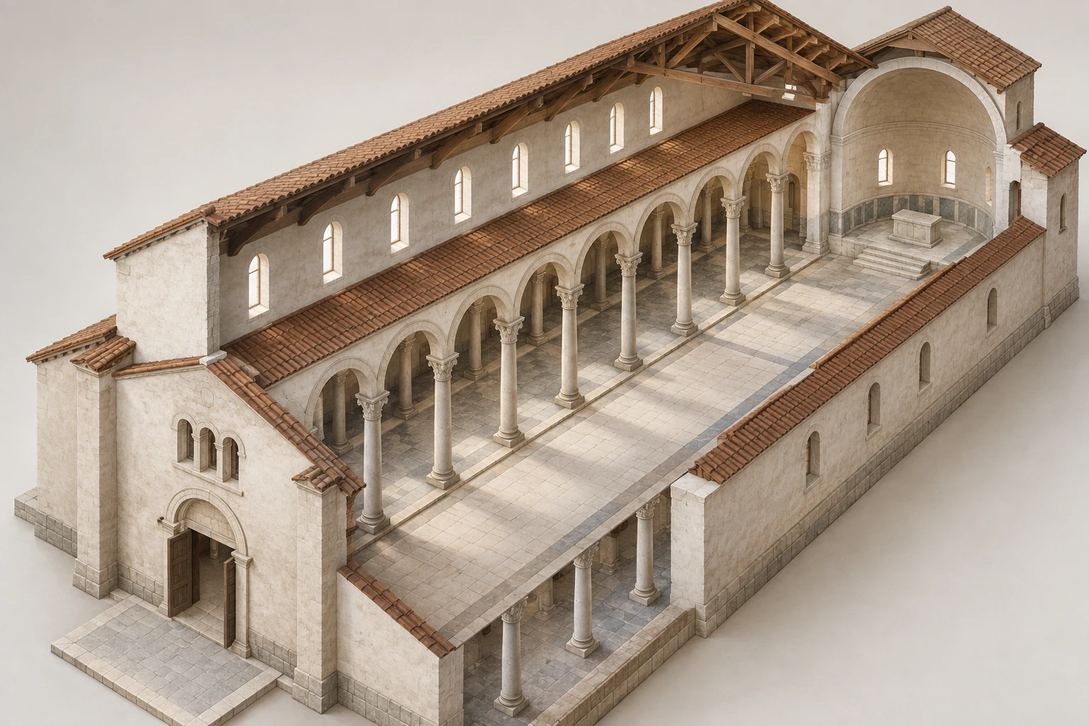 Modello obliquo di basilica longitudinale con ingresso a un’estremità, navata centrale ampia, navate laterali più strette divise da colonne e abside curva in fondo.