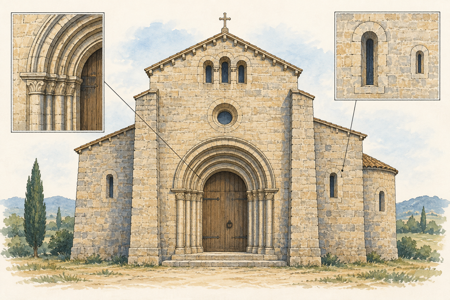 Facciata romanica generica con portale arrotondato e aperture strette.