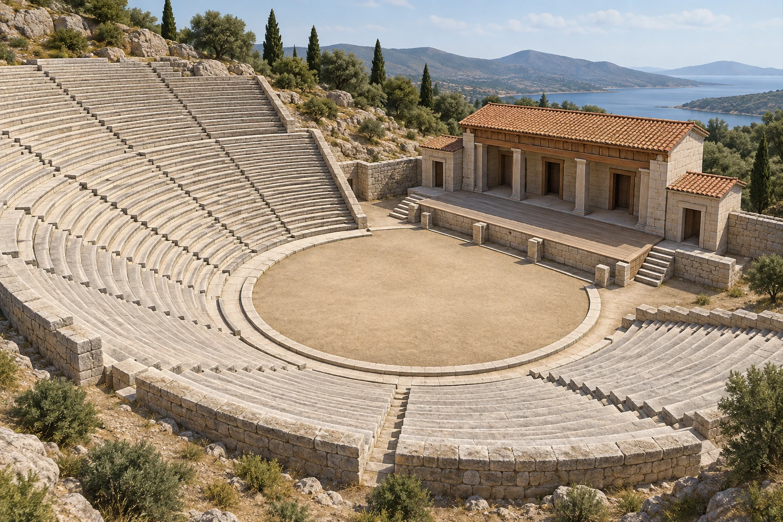 Modello obliquo di teatro su pendio: gradoni semicircolari attorno a uno spazio circolare e, oltre questo, un edificio scenico.