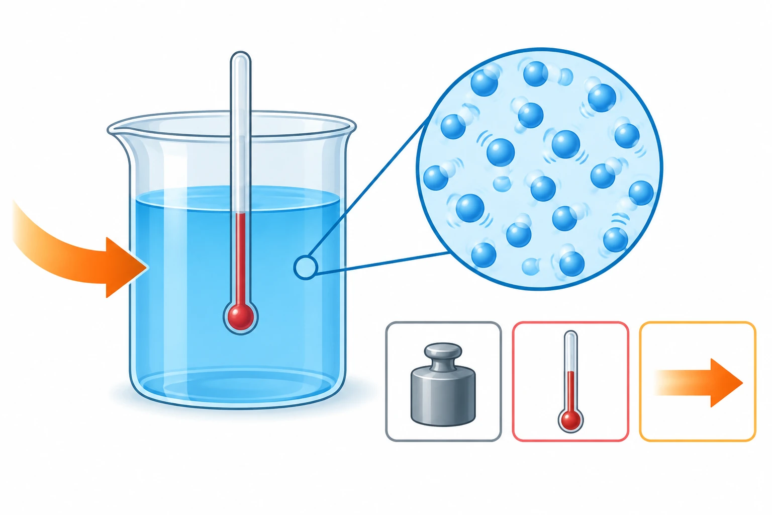 Becher con liquido e termometro senza scala, freccia arancione entrante, ingrandimento schematico di particelle e tre icone di massa, temperatura ed energia.