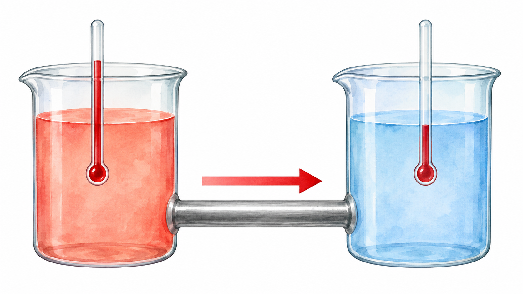 Due recipienti schematici, uno caldo rosso e uno freddo blu, uniti da una barra; una freccia sola punta dal caldo al freddo.