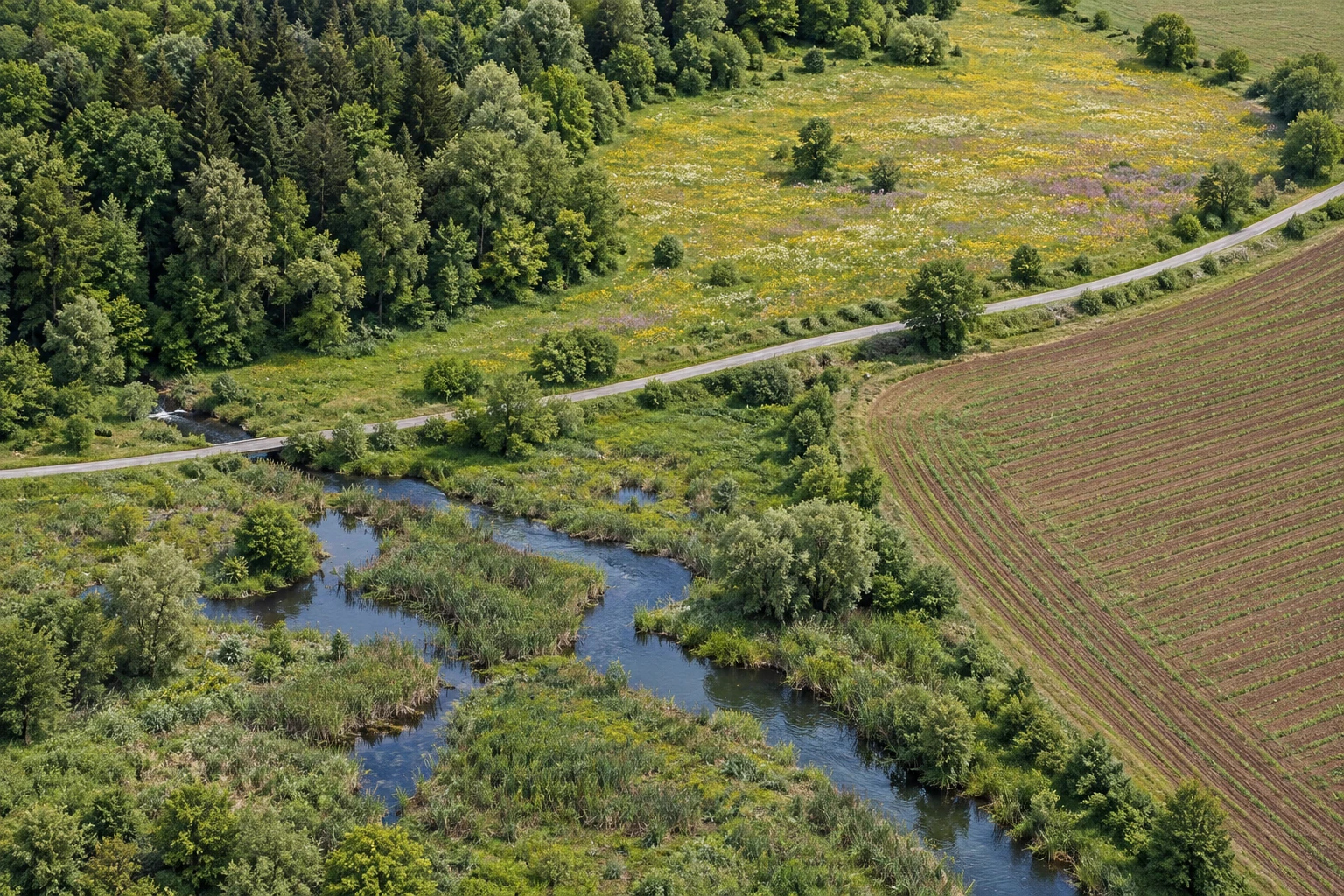 Veduta dall’alto di territorio inventato con bosco, prato fiorito, zona umida presso un corso d’acqua, campo coltivato e strada presso i margini.