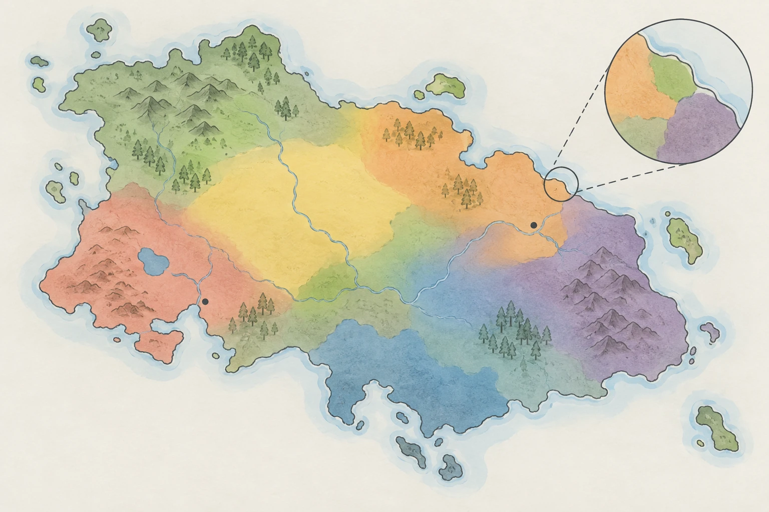 Carta illustrativa di isola inventata con aree in colori sfumati, due punti di insediamento e un ingrandimento di un confine cromatico; non contiene nomi o legenda.