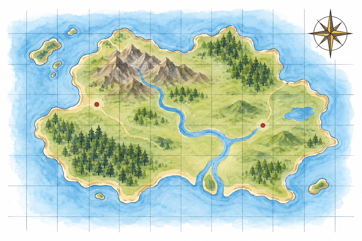 Mappa illustrata di un'isola inventata con reticolo, rosa dei venti e due punti rossi, uno a sinistra e uno a destra.