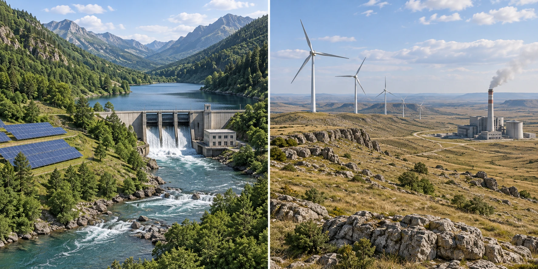 Dittico di paesaggi inventati: a sinistra diga idroelettrica e pannelli solari; a destra turbine eoliche e centrale termica.