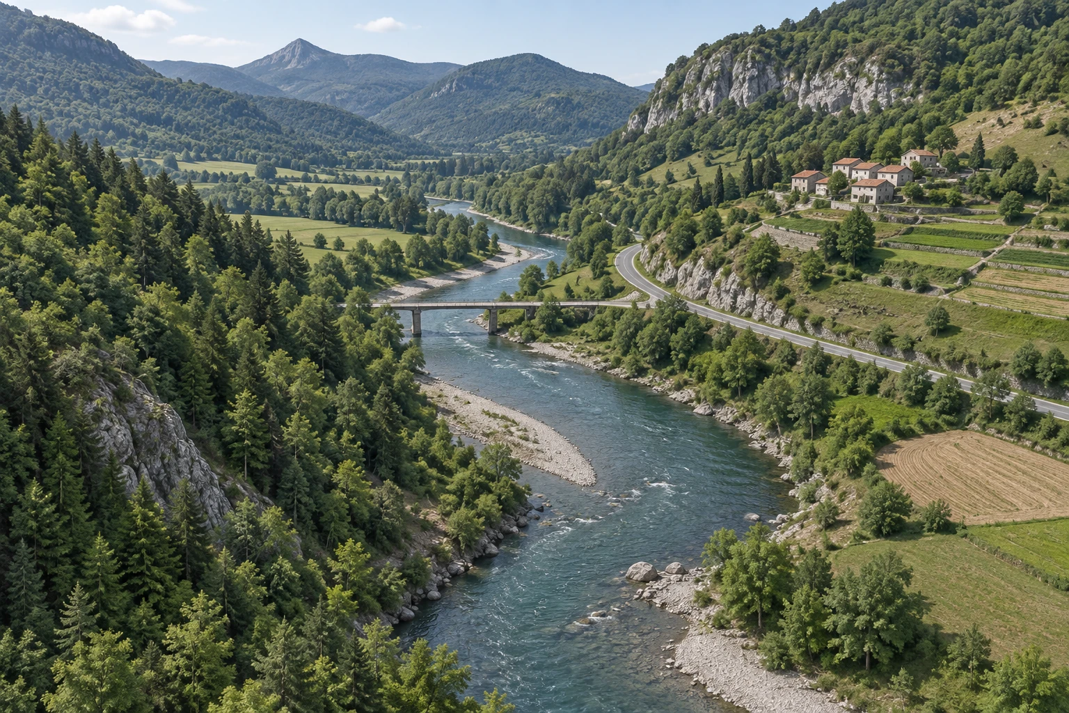 Veduta di valle inventata con fiume, versanti boscosi, campi terrazzati, strada, ponte e piccolo gruppo di case sul pendio.