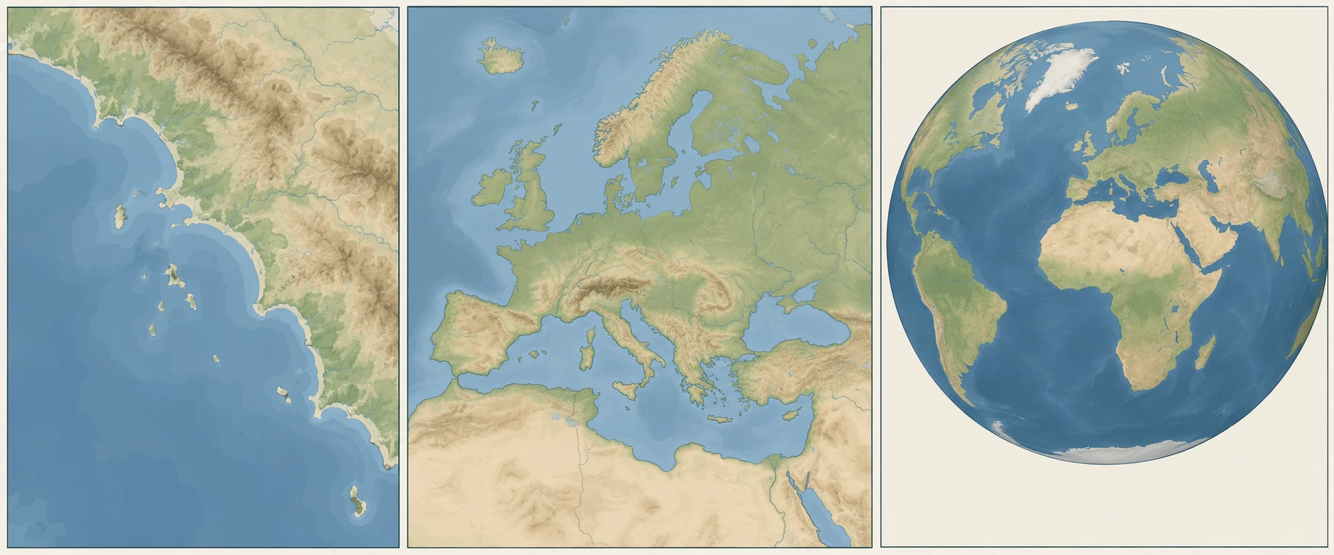Tre riquadri cartografici qualitativi: una costa della penisola italiana, l’Europa con la penisola riconoscibile e un globo con Europa e altri continenti.