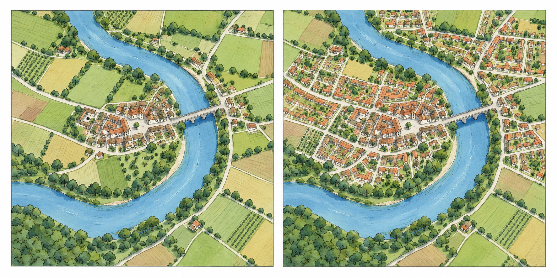 Due viste dall'alto di un borgo inventato con la stessa ansa del fiume e ponte; nella seconda sono illustrati più edifici.