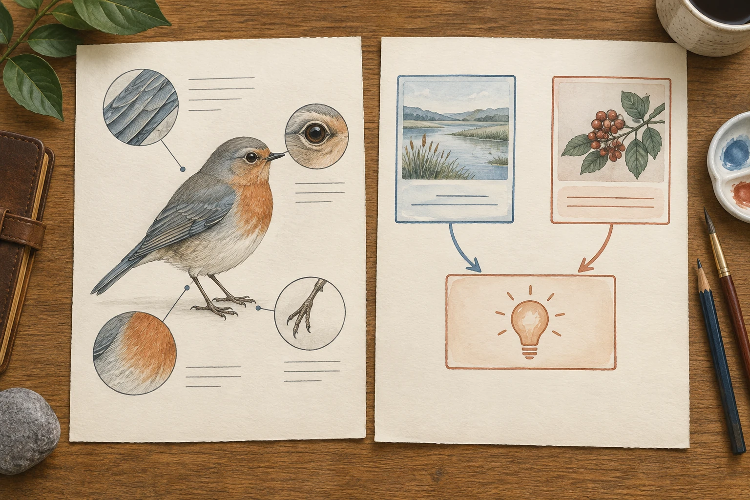 Su un tavolo due fogli illustrati: a sinistra una scheda con un uccello e piccoli dettagli osservati, a destra due carte con immagini di paesaggio e frutti collegate a un riquadro con una lampadina.