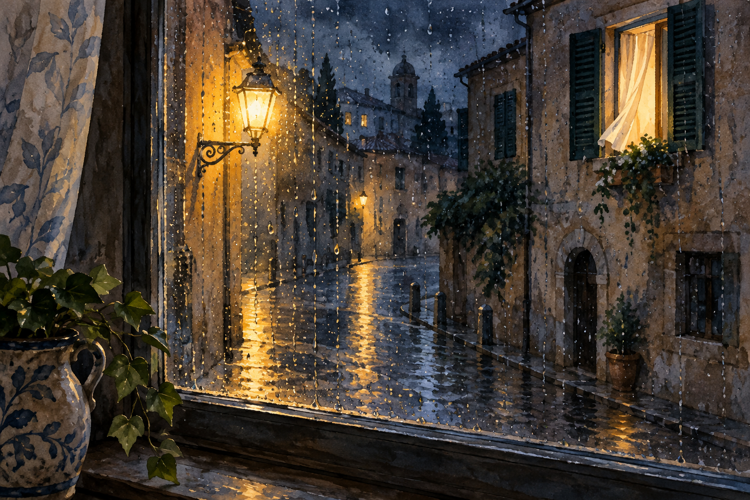 Pioggia su una finestra notturna, lampione acceso, strada quieta e finestra aperta illuminata.