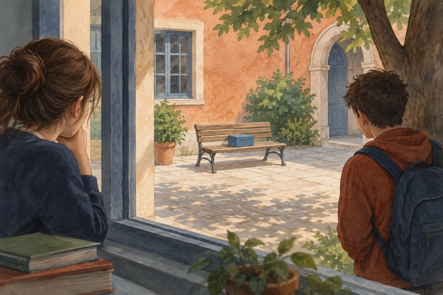 Una studentessa guarda da una finestra il cortile; a destra un altro studente guarda verso una panchina al centro con una scatola blu chiusa.