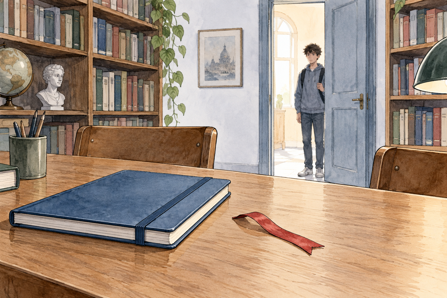 Quaderno blu chiuso con segnalibro rosso su un tavolo e una persona sulla soglia dell'aula.