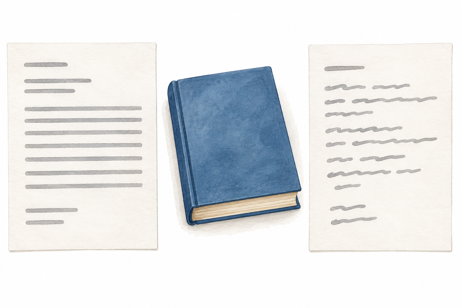 Due fogli con righe astratte, uno ordinato e uno più libero, affiancano un libro scolastico.