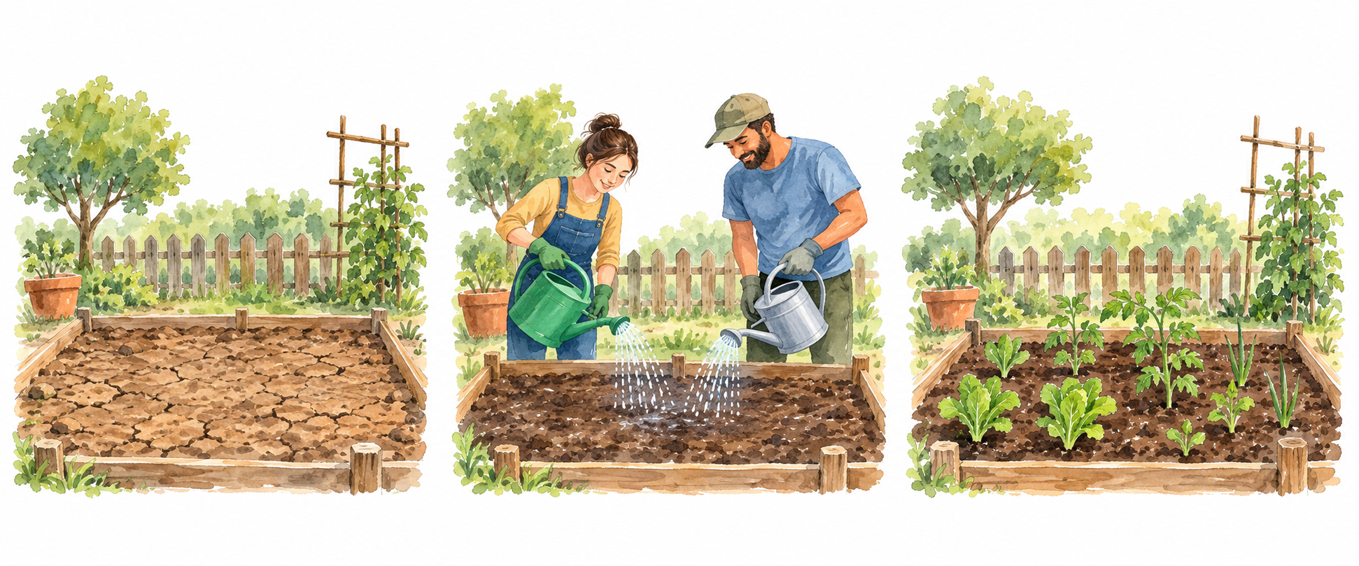 Tre vignette di aiuola: terra, volontari che annaffiano e piante giovani.