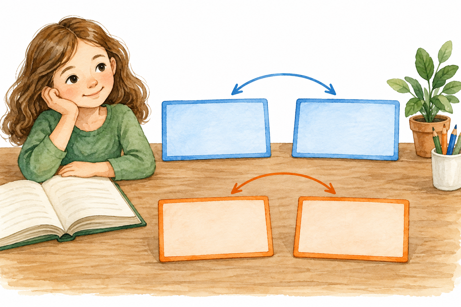 Studentessa con libro e quattro carte vuote in due coppie colorate, collegate da frecce.