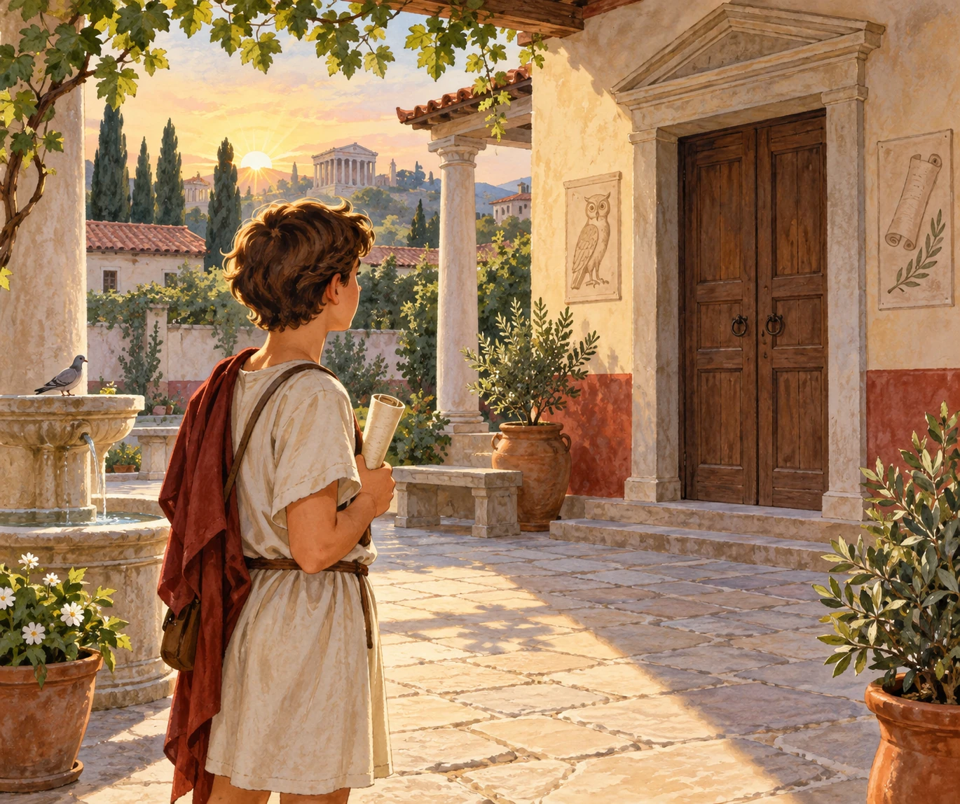 Una giovane in abito antico guarda una porta ancora chiusa in un cortile all'alba, tenendo un rotolo privo di testo leggibile.