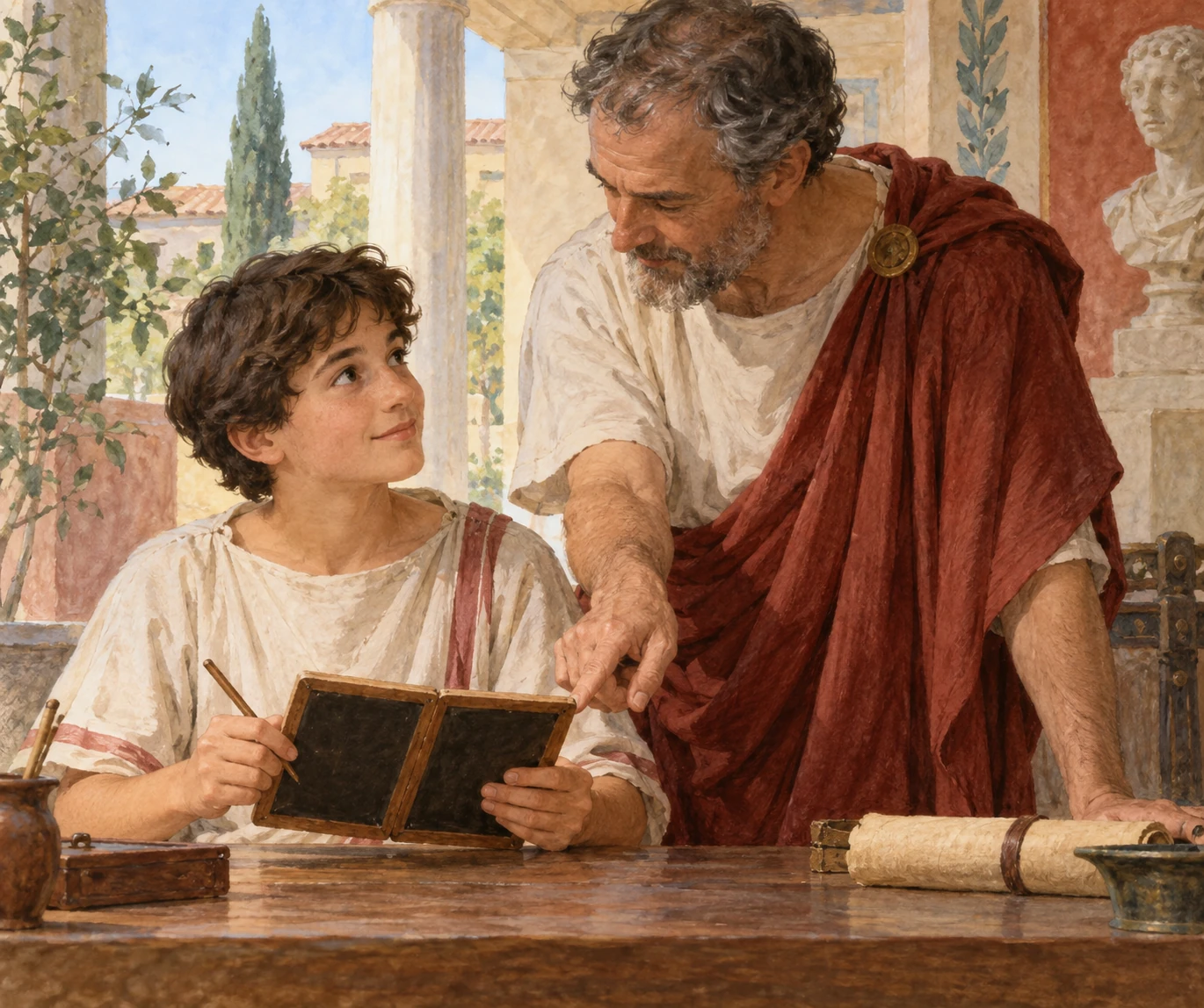 Un ragazzo con una tavoletta cerata siede accanto a un adulto in abito romano che indica la tavoletta; sul tavolo ci sono oggetti di scrittura.