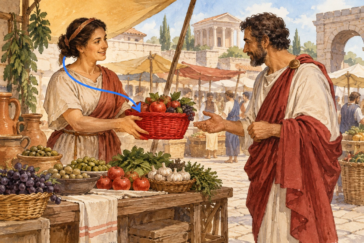 In un mercato antico una donna tiene un cesto di frutta davanti a un uomo; una freccia blu parte dalla zona della donna e termina sul cesto.