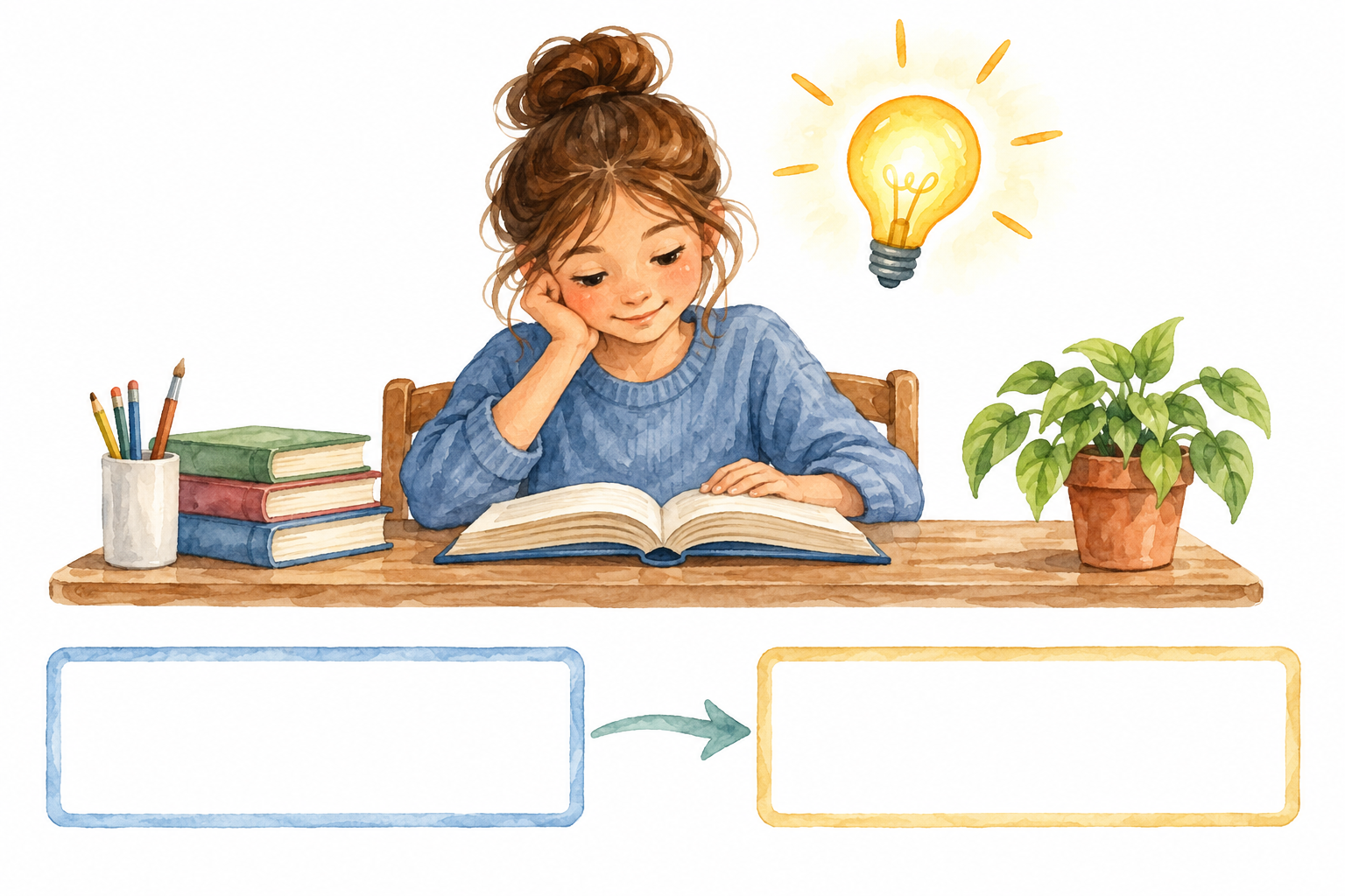 Studentessa che legge, lampada simbolica sopra il libro e due carte vuote collegate da una freccia.