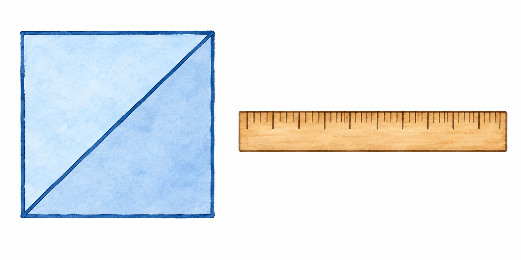 Quadrato blu con diagonale tracciata e righello separato privo di cifre.