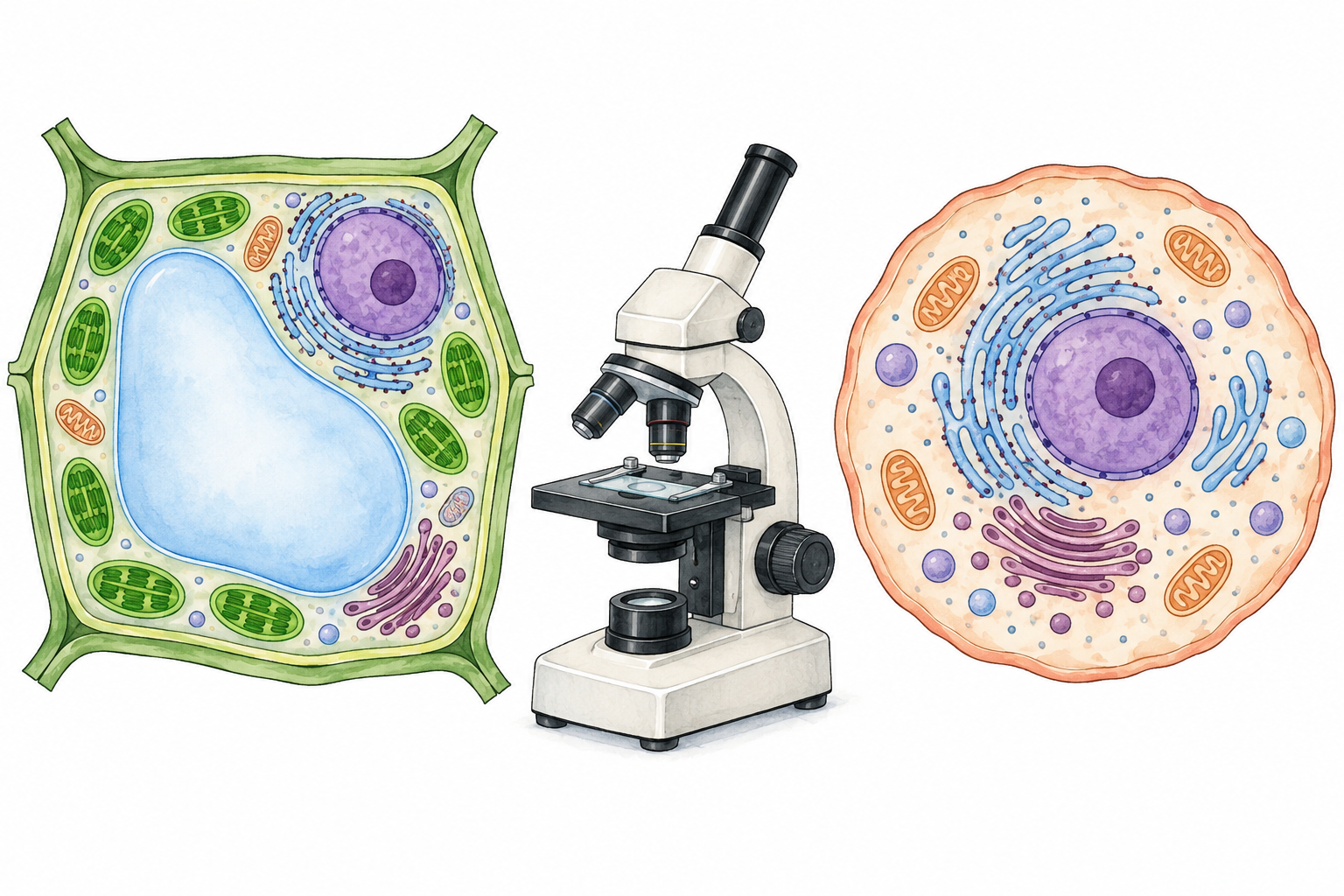 Modello illustrato di cellula vegetale fogliare con parete, grande vacuolo e cloroplasti, microscopio al centro e modello di cellula animale a destra.