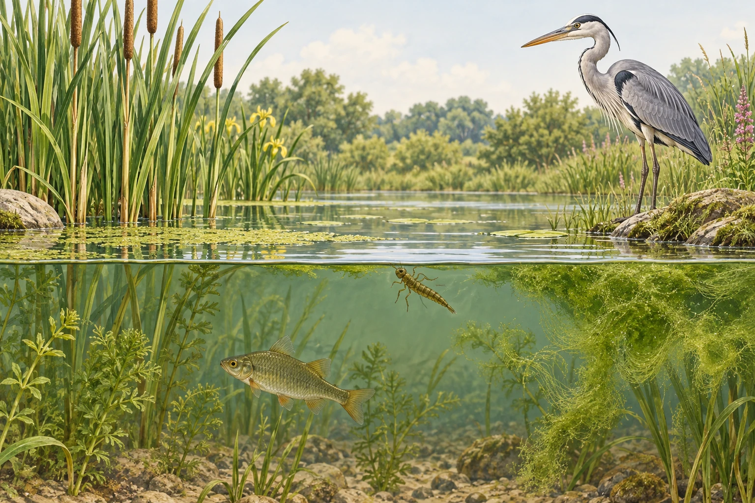 Sezione illustrata di uno stagno con alghe e canne, una larva acquatica, un piccolo pesce e un airone sulla riva.