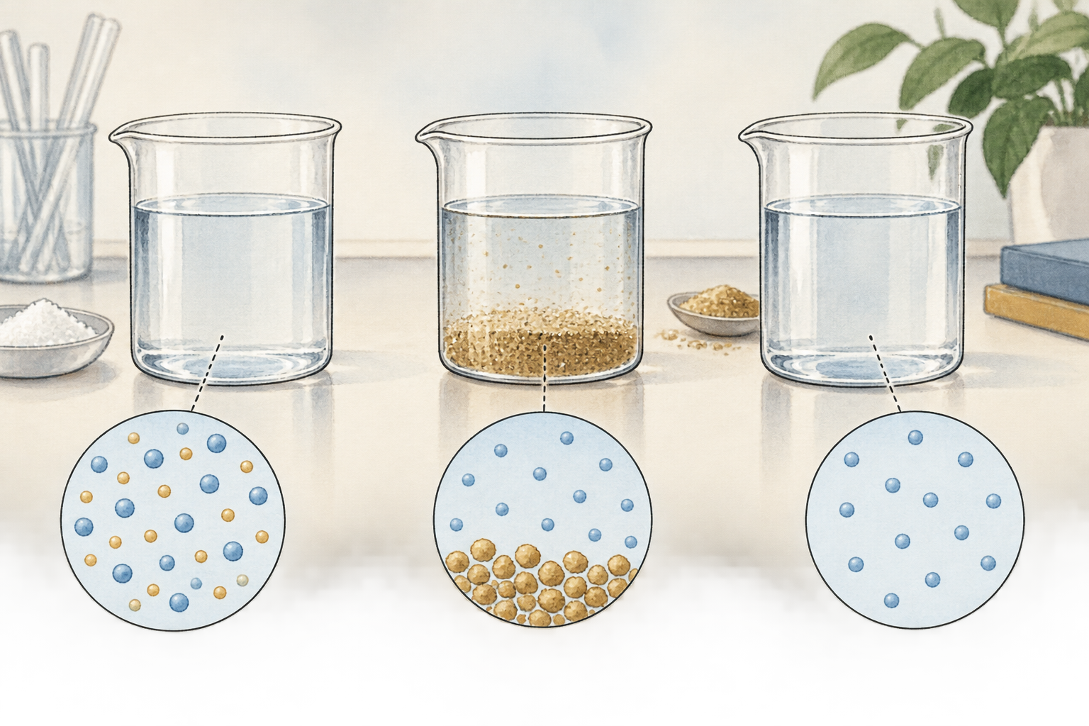 Tre bicchieri: soluzione trasparente, acqua con sabbia visibile e controllo d'acqua chiara.