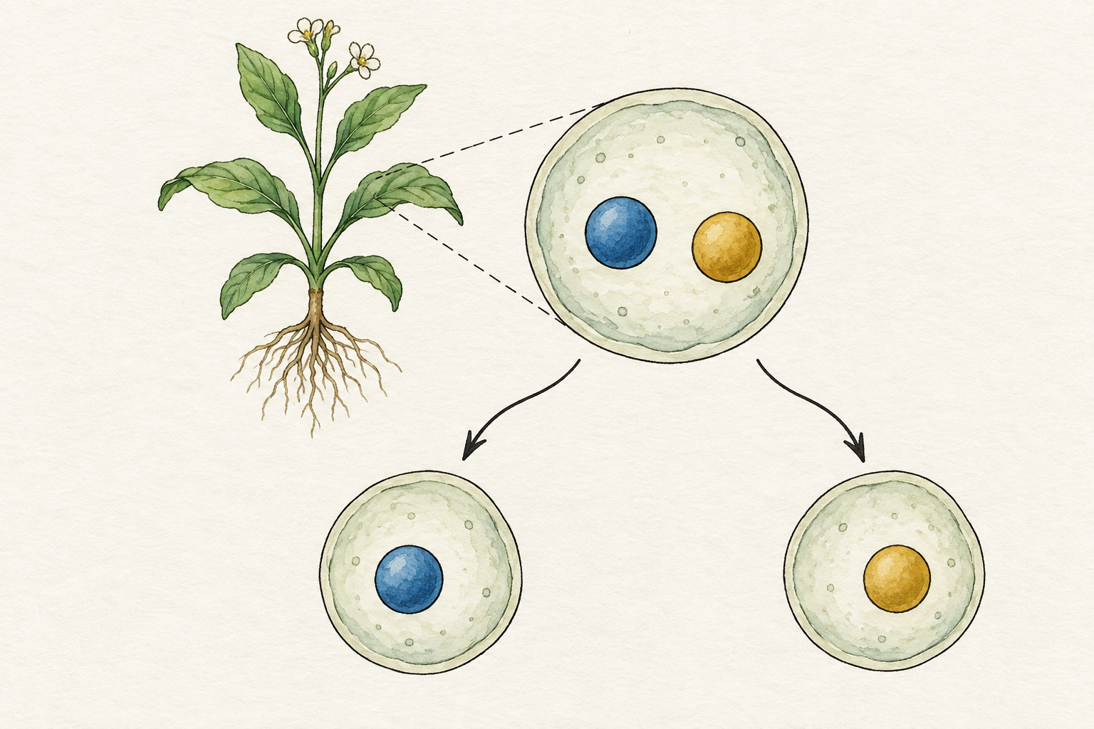 Una cellula schematica con due gettoni diversi che si separano in due cellule con un gettone ciascuna.