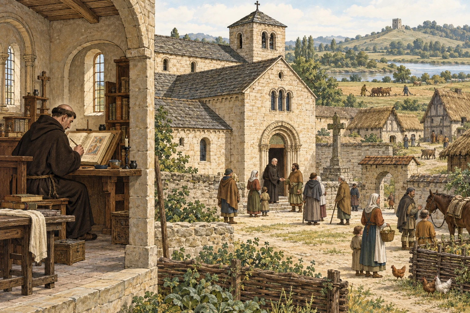 Illustrazione ricostruttiva con uno scrivano monastico al lavoro, una chiesa e persone riunite nel cortile.