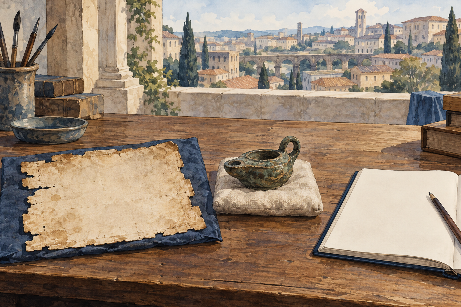 Tavolo con frammento manoscritto generico, oggetto e quaderno moderno separati.