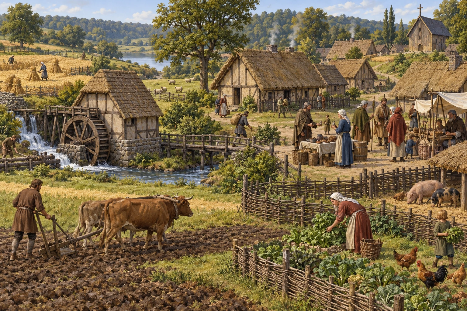 Scena rurale illustrata con campi coltivati, animali, case, un mulino ad acqua e un piccolo luogo di scambio.