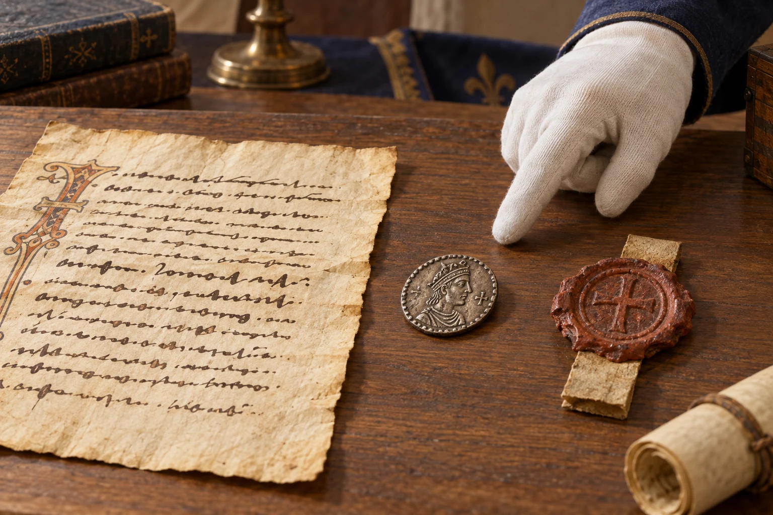Su un tavolo d'archivio compaiono un foglio con segni non leggibili, una moneta stilizzata, un sigillo di cera e una mano che li confronta.