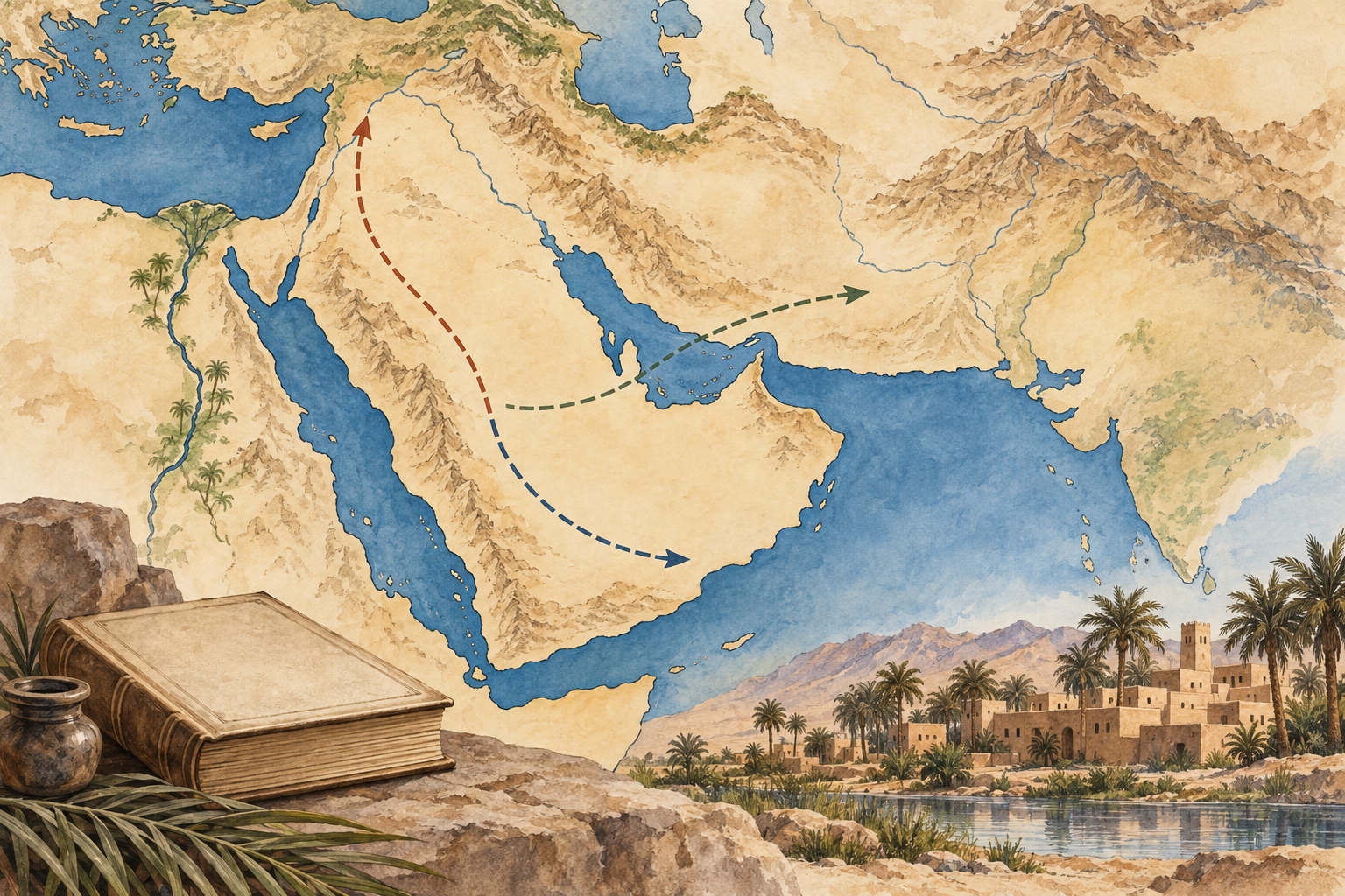 Carta schematica dell'Arabia con rotte generiche, libro e città d'oasi inventata.