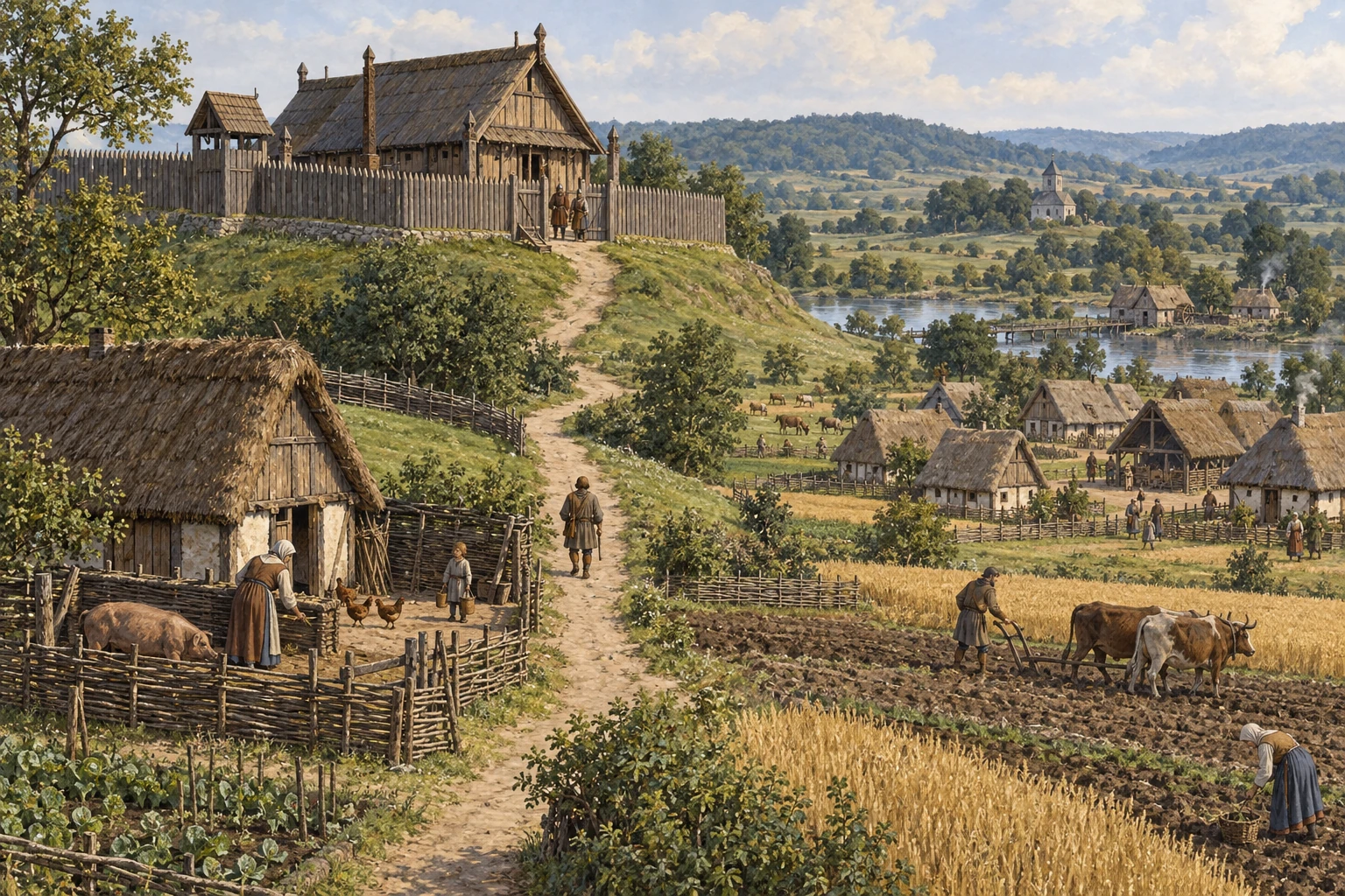 Ricostruzione illustrata con casa fortificata da palizzata, campi, abitazioni e strada che scende verso un villaggio.