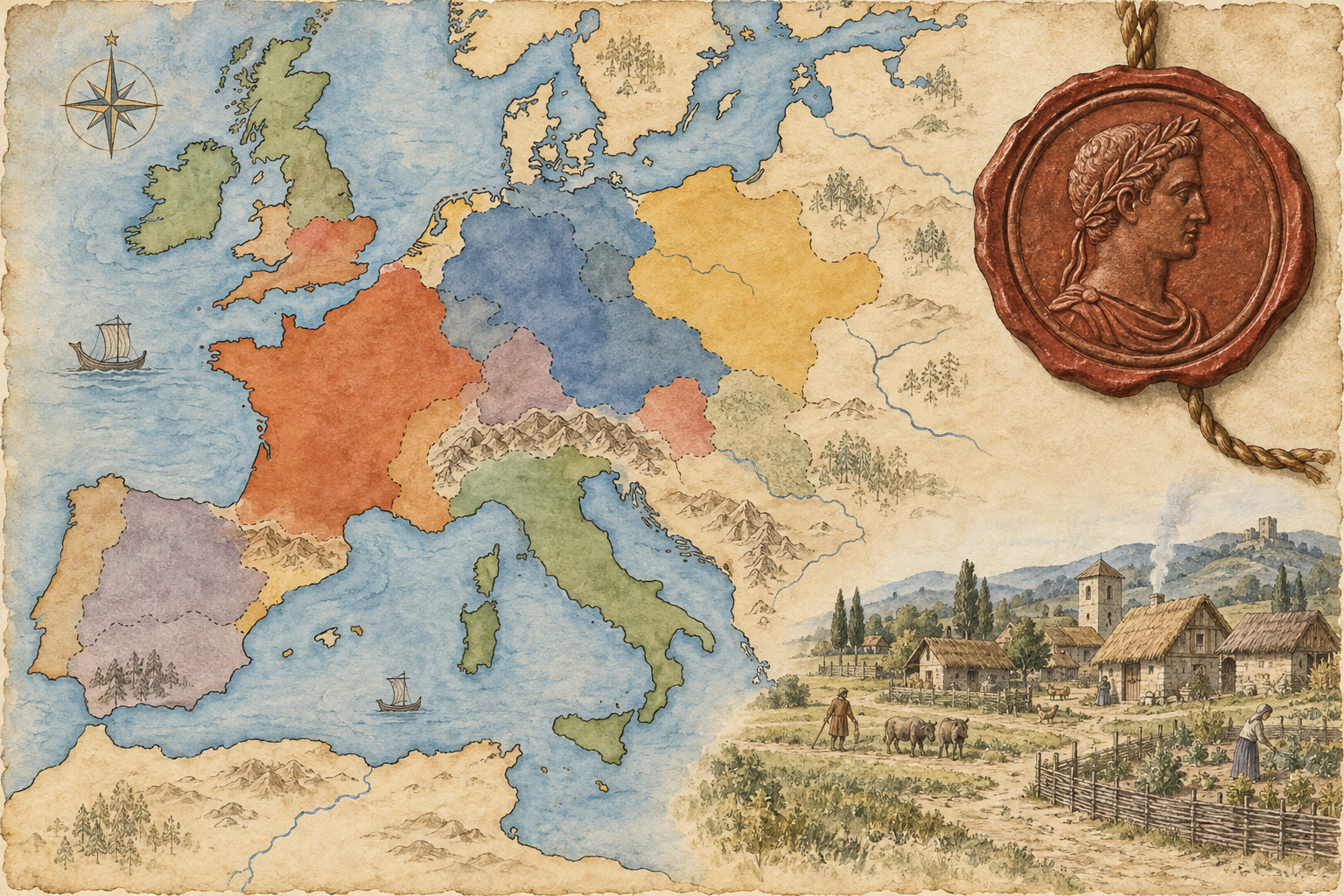 Carta concettuale dell'Europa occidentale a regioni morbide con oggetti amministrativi e villaggio.