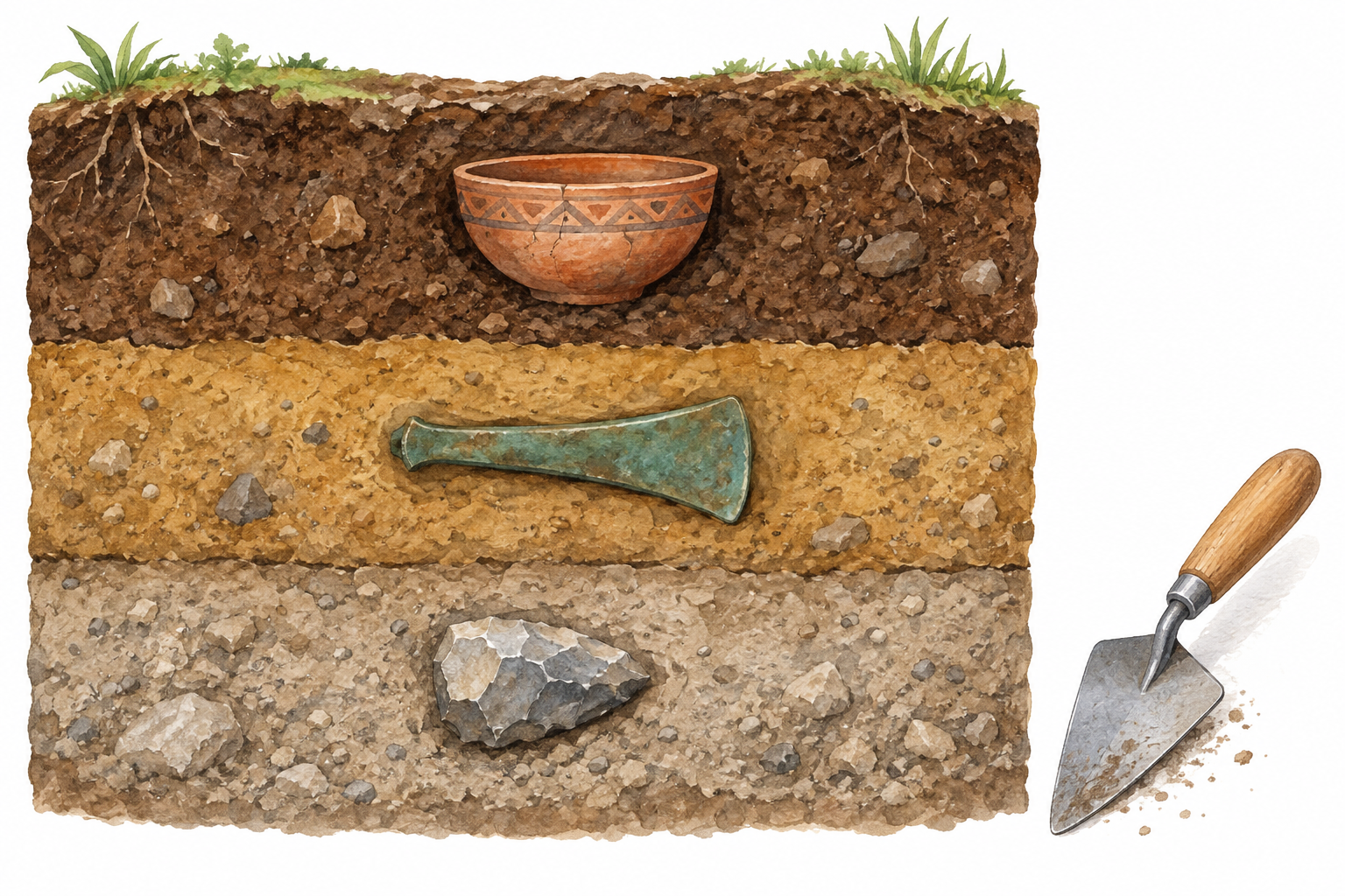 Sezione immaginaria con tre strati: ciotola in alto, utensile metallico al centro e pietra lavorata in basso, con cazzuola a lato.