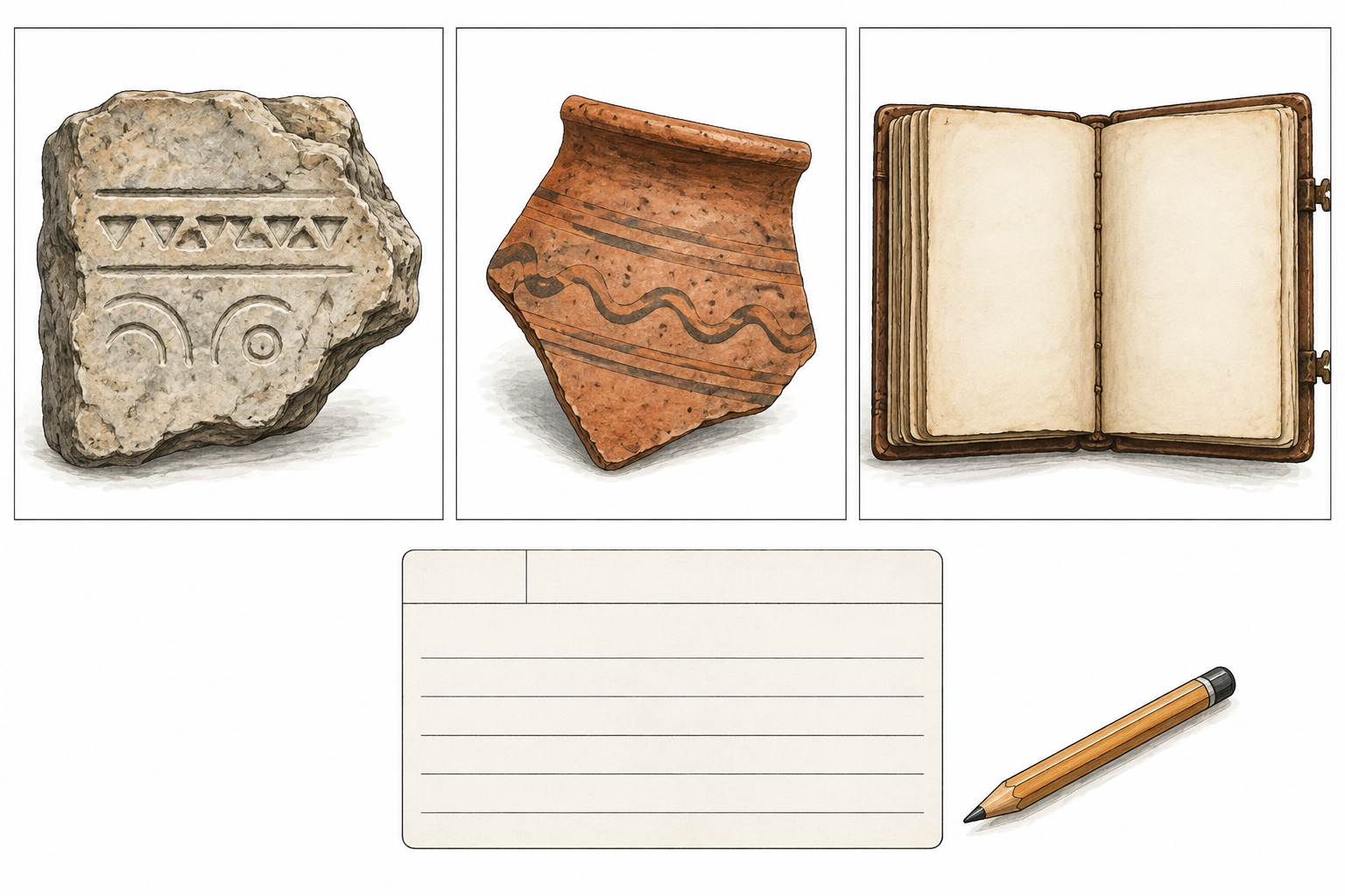 Tre riquadri illustrati mostrano pietra decorata, ceramica e libro con pagine vuote; sotto compare una scheda in bianco.