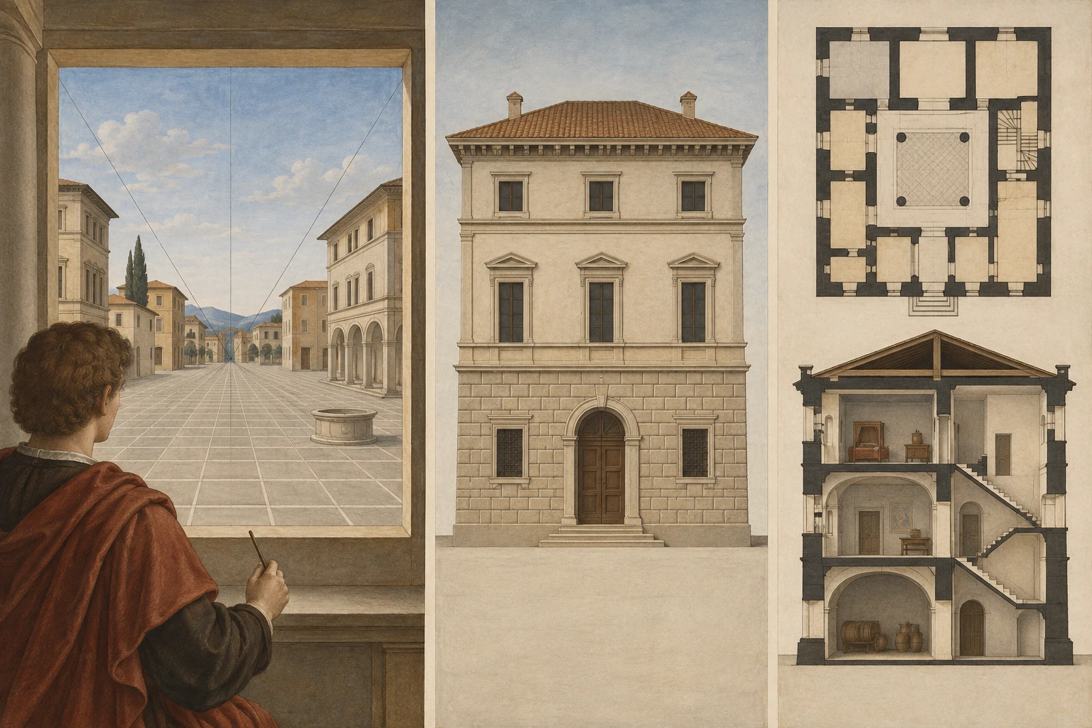 Finestra pittorica verso una strada, prospetto di edificio, pianta e sezione: rappresentazioni diverse di edifici inventati.