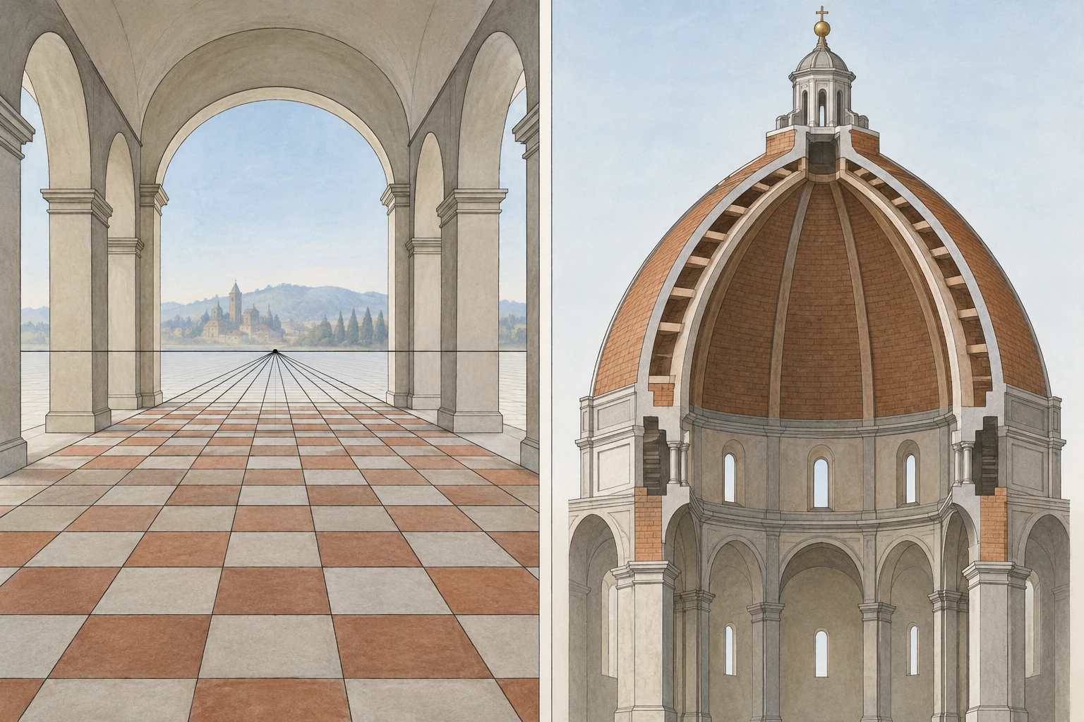 A sinistra un pavimento converge in profondità; a destra uno schema in sezione mostra due calotte. Non è un rilievo misurato della cupola.